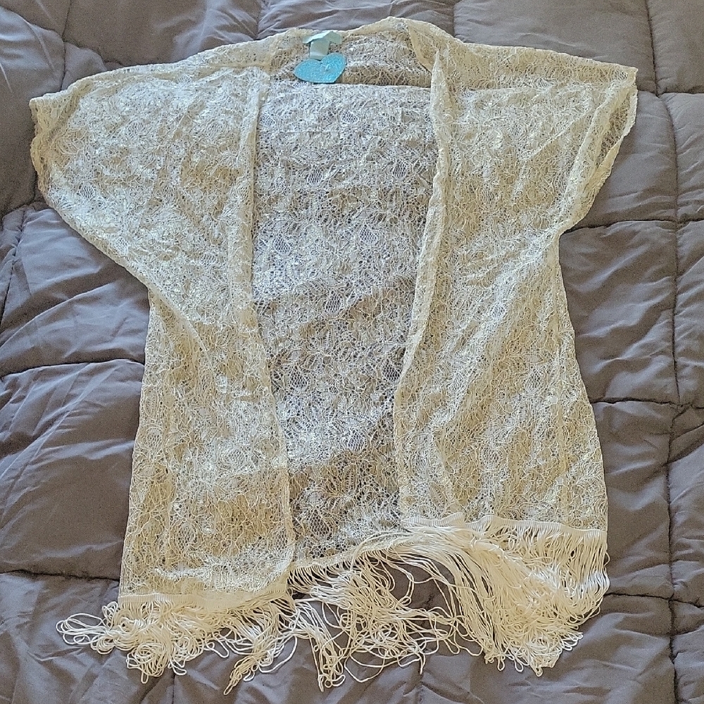 Betsey Johnson Lace Fringe Short Sleeve Cardigan Size Small